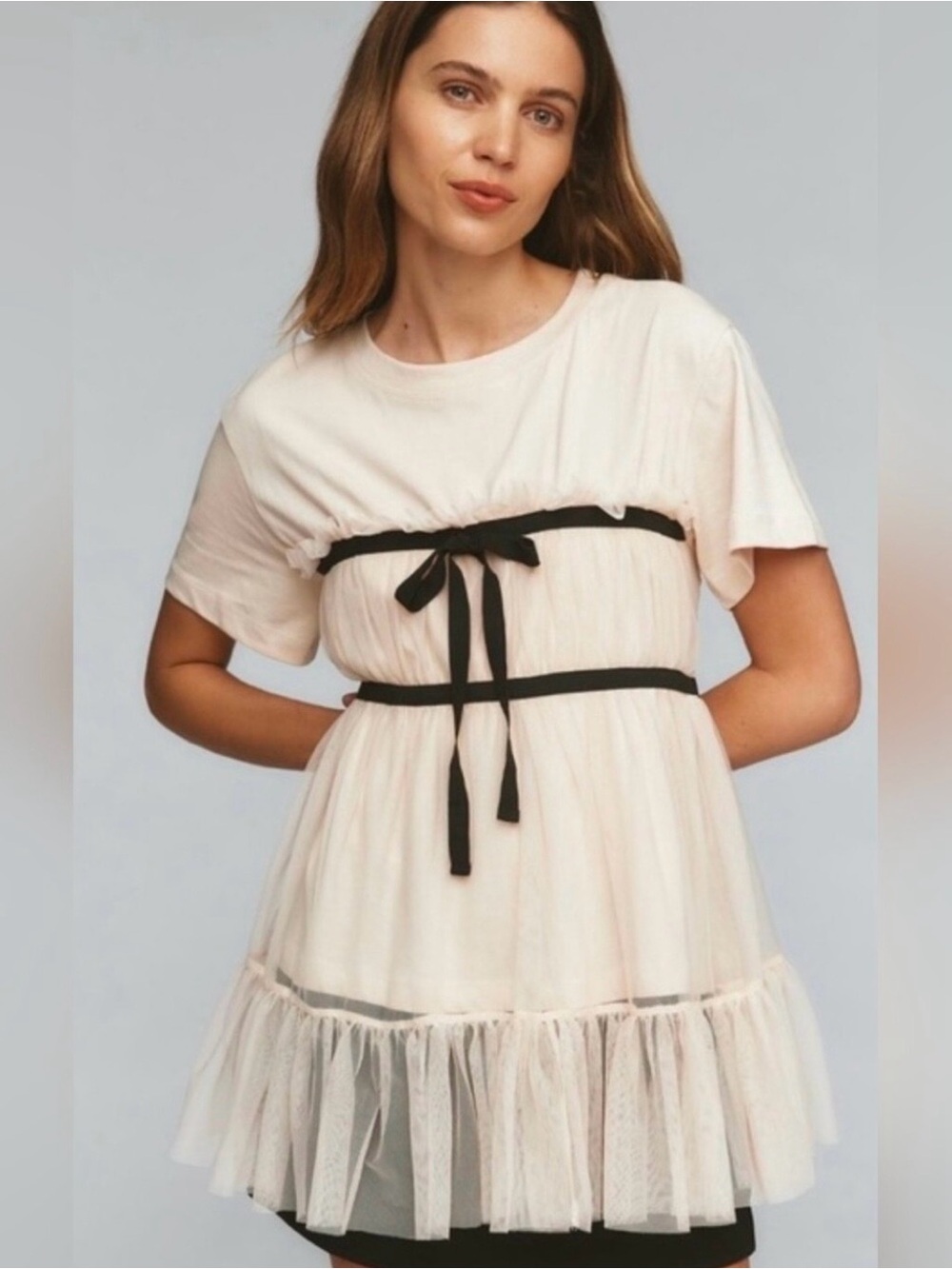 Anthropologie Blush Pink Tulle T-Shirt Top with Black Ribbon